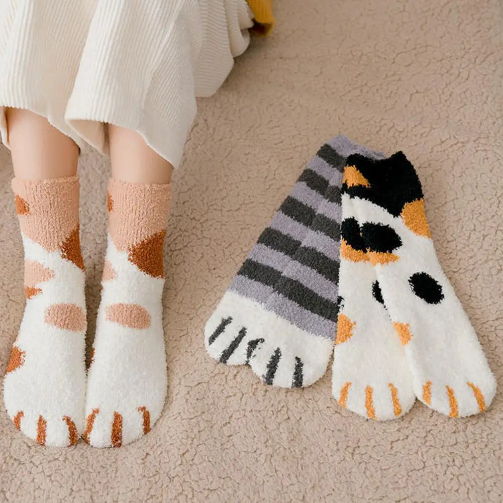 Kawaii Cartoon White Socks for Women Cute 3d Dog Cat Paw Pattern Female Fleece Warm Funny Socks Home Floor Sleeping image 5