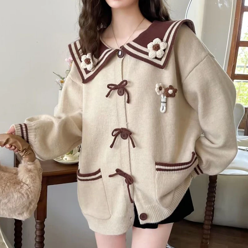 

Vintage American Navy Collar Design Knitted Cardigan 2024 Winter Loose Cute College Sweet Korean Fashion Sweater Coat Y2k Tops