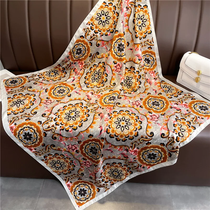 Luxury Design European Vintage Print Scarf 90X90cm Square Silk Scarf Hijab Shawls Foulard Ribbon Neckerchief Hairband Bandanna