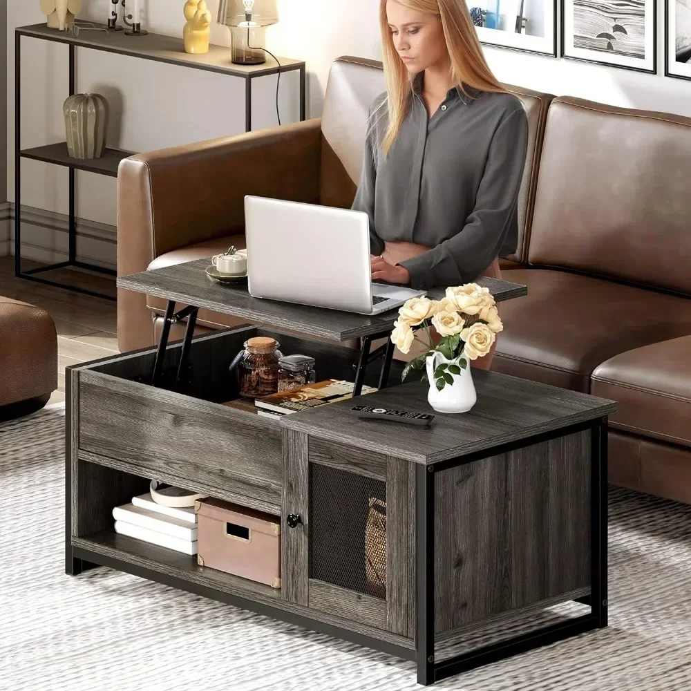 Lift Top Coffee Table with Storage, Double Doors , Wood Tea Center Table sLiving Room for Home Offices, Grey Wash