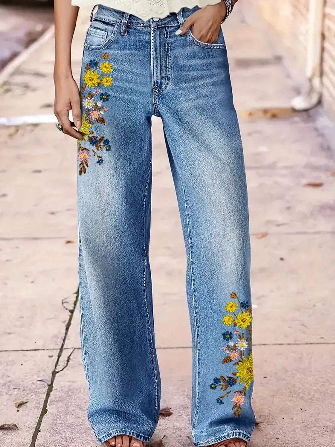 

Plus Size High-Waisted Straight-Leg Jeans for Women, Vintage Embroidered Yellow Casual Fashion Plus Size Women's Denim Trousers