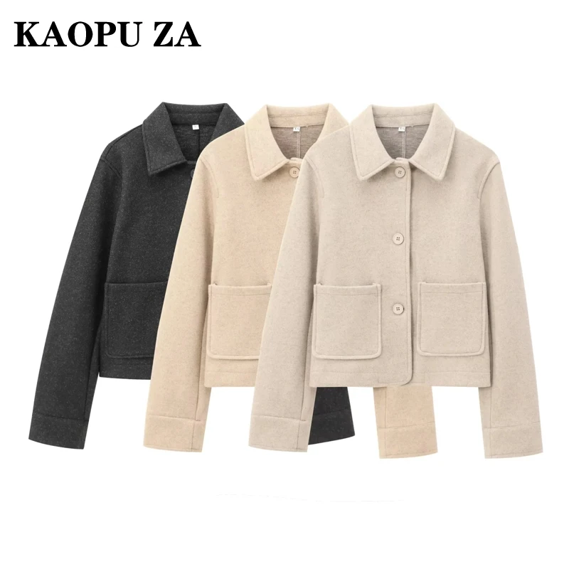 KAOPU ZA 2024 Winter New Woman's Classic Tweed Jacket Outerwear Commuting Autumn Female Turn-down Collar Long Sleeve Coat Top