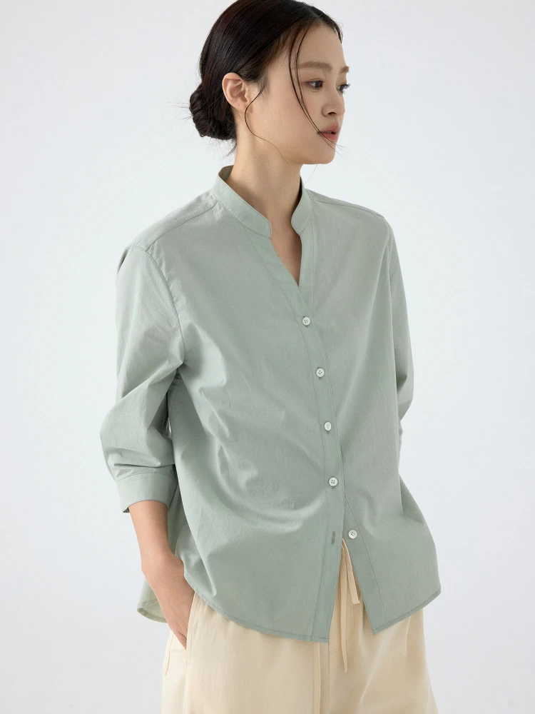 

Женская летняя рубашка из чистого хлопка с клетчатой текстурой, плотной вязки, с рукавом три четверти, воротником-стойкой, дышащая, в корейском стиле, свободного кроя.