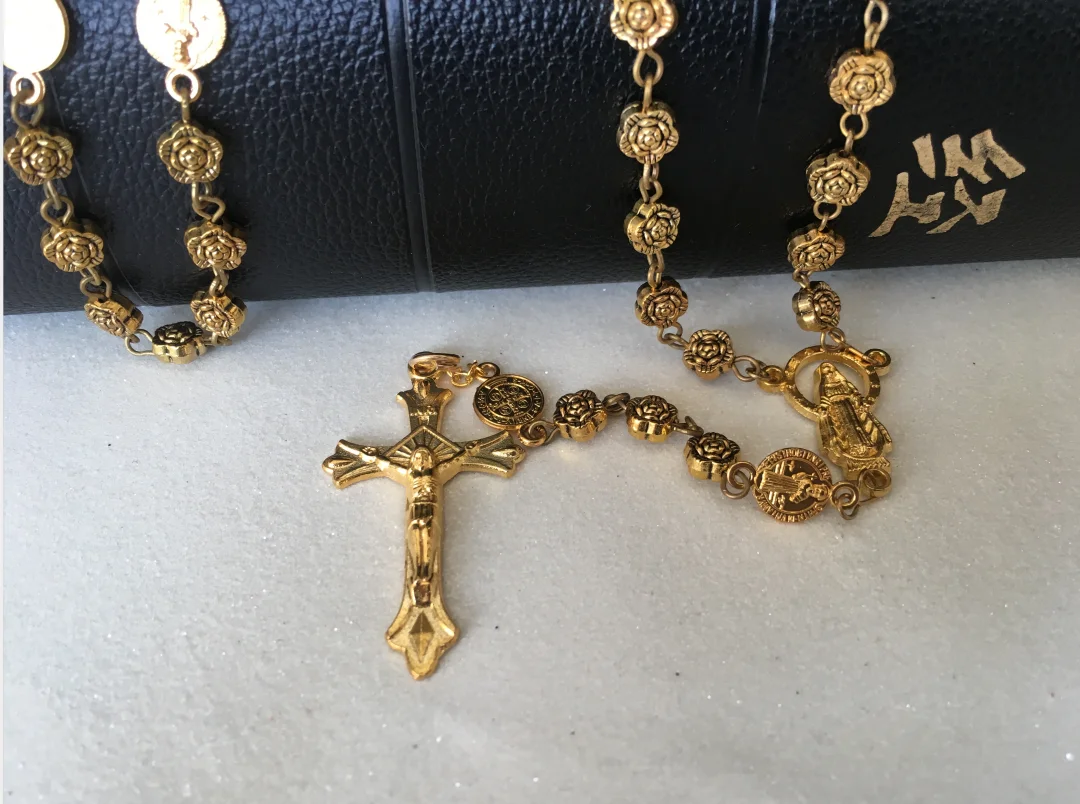 Ancient Gold Ancient Silver Rose Virgin Mary Five-end Seven Bitter Rosary Qumo Long Rosary Cross Necklace Pendant