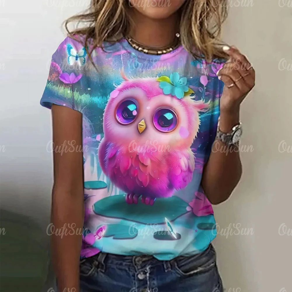 Summer O-Neck Short Sleeve Women\'s T-Shirt 3d Printed Owl Pattern T-Shirt Pullover Top Fashion Street Female Clothing 2024