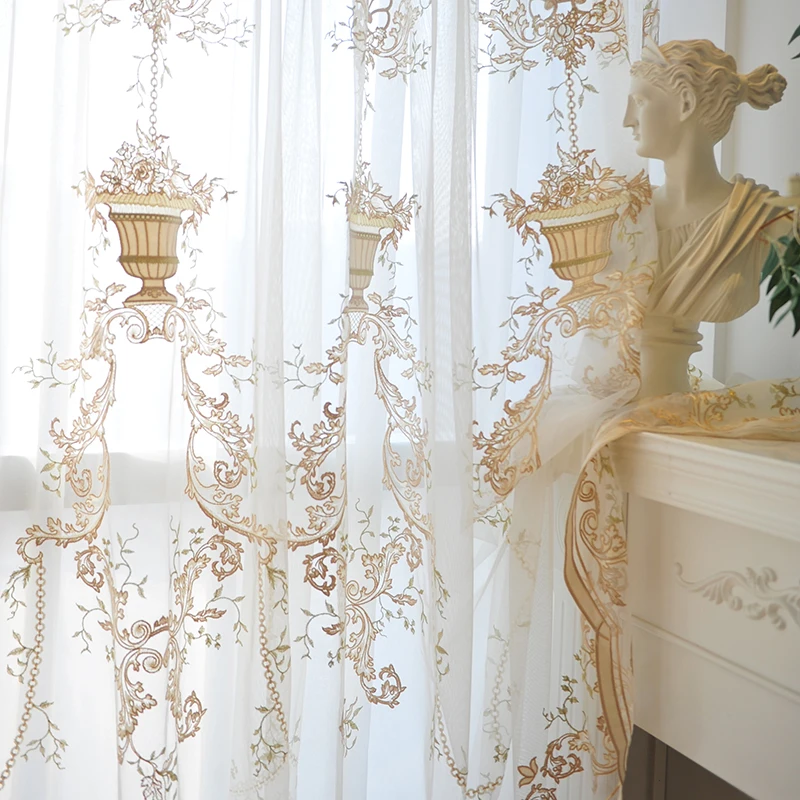 Custom Size American High-end Imported Window Flocking Semi-shading Villa White Tulle Curtains for Living Dining Room Bedroom