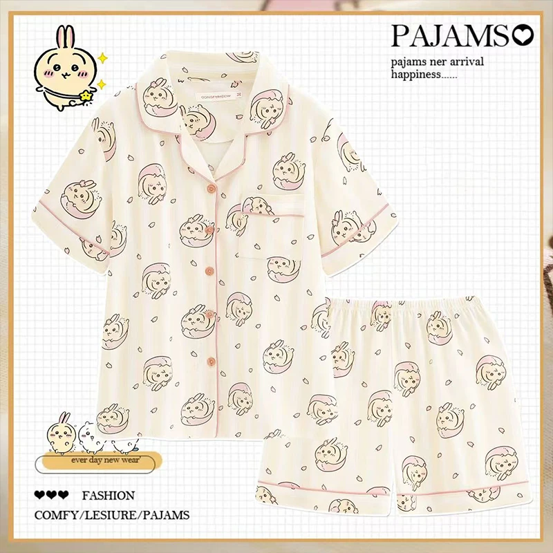 Anime Chiikawa Sleepwear Pure Cotton Home Wear Hachiware Short Sleeved Shorts Pajama Set Usagi Sweet Nightwear Festival Gift