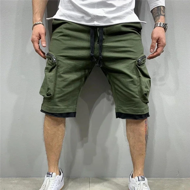 Calça de moletom solta masculina, calças curtas para corrida, streetwear esportivo de fitness, bolso múltiplo, novidade verão,