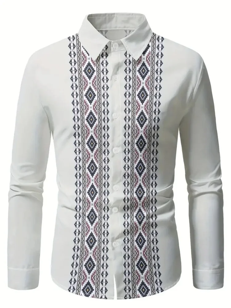 2025 새로운 남성 빈티지 패션 긴 소매 버튼 다운 셔츠 캐주얼 옷깃 3d 민족 인쇄 봄/가을 streetwear 야외상의