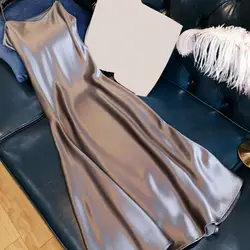 Robe Longue en Satin Soyeux pour Femme, Col en V, Bretelles Spaghetti, Slip, Grande Taille, Ligne A, Ourlet At, Dos aux, Bal de Promo, Été