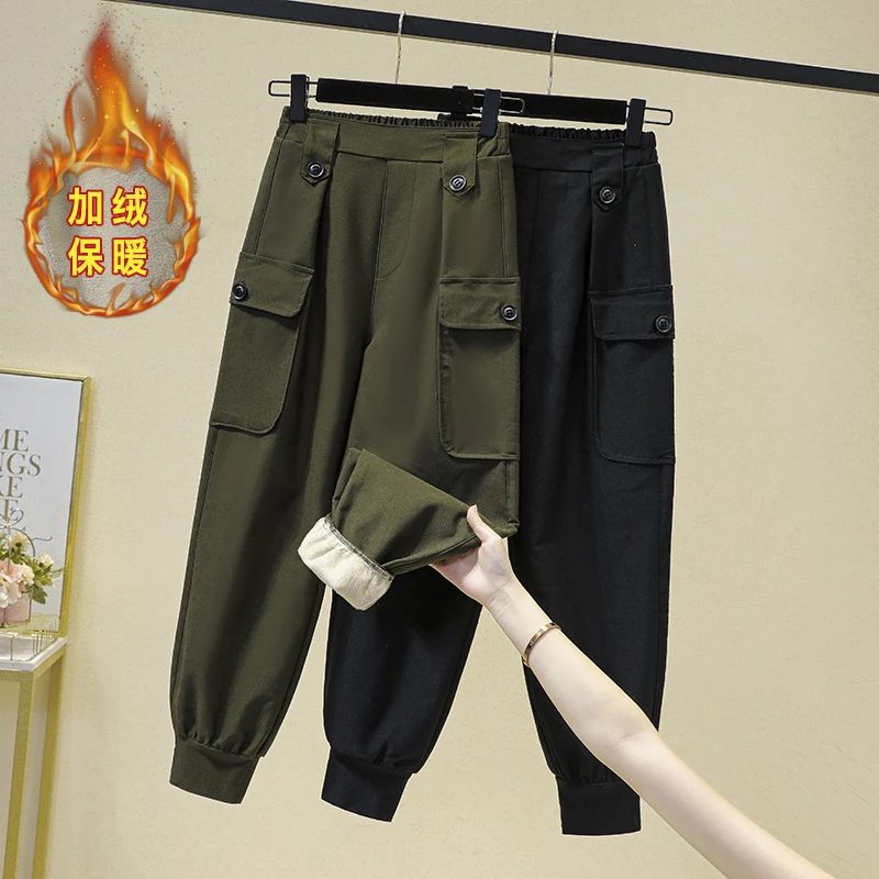 

Women fleece Army Green Cargo Pants Stretch High Waist Casual Loose Ankle-length Elastic waist Sweatpants 5XL