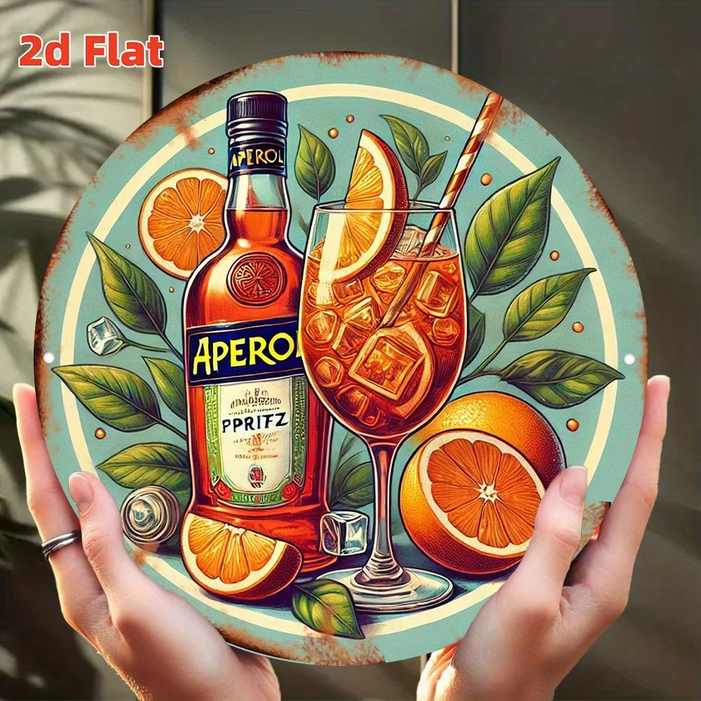 Arte de pared de metal de aluminio con temática de cóctel plano 2D, APEROL SPRITZ, diseño redondo de cítricos naranja vibrantes y verdes, regalo de barman
