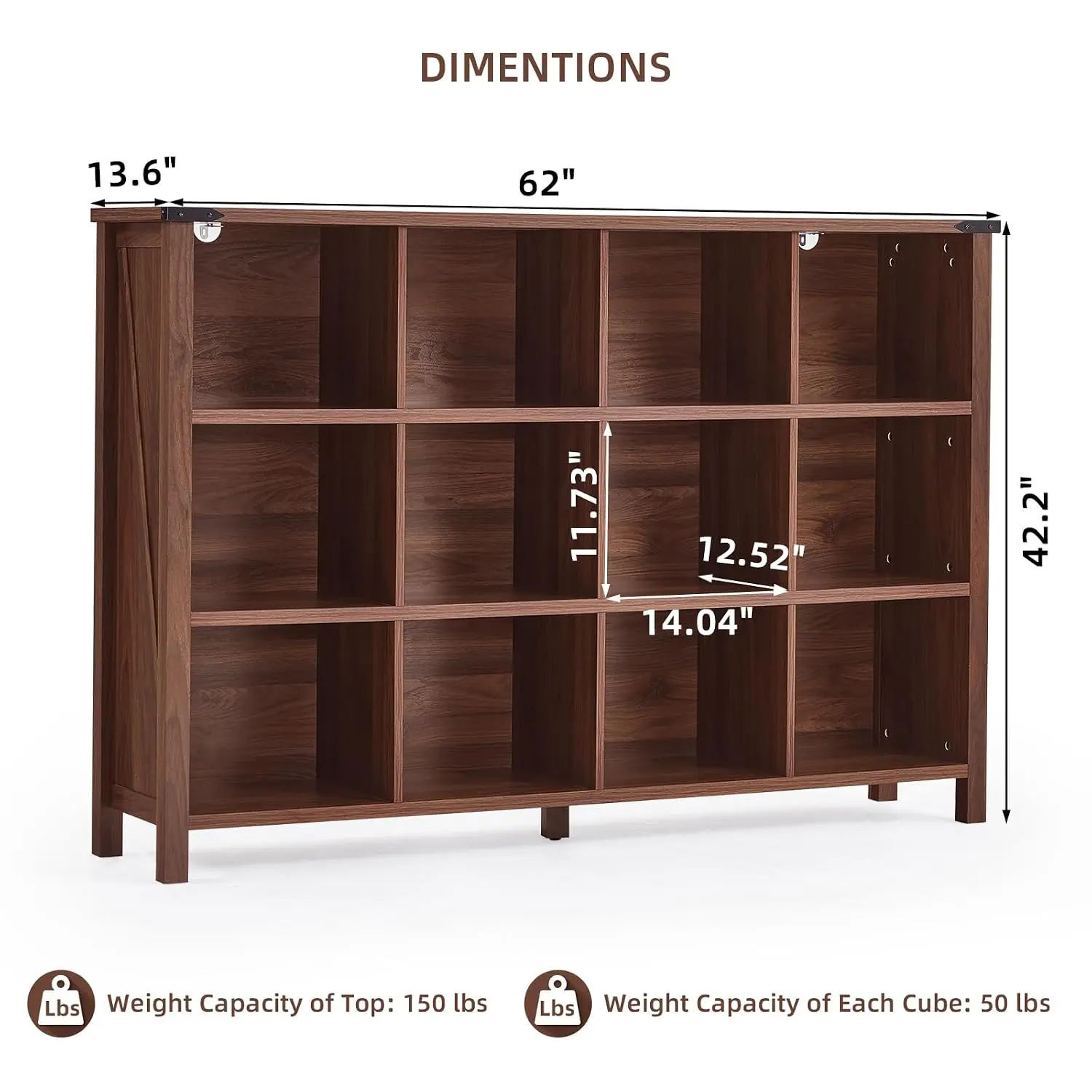 12 Cube Wooden Storage Organizer, 62 Inch Wide 3 Tier Open Bookshelf, Farmhouse Display Cabinet for Home Office, Customized