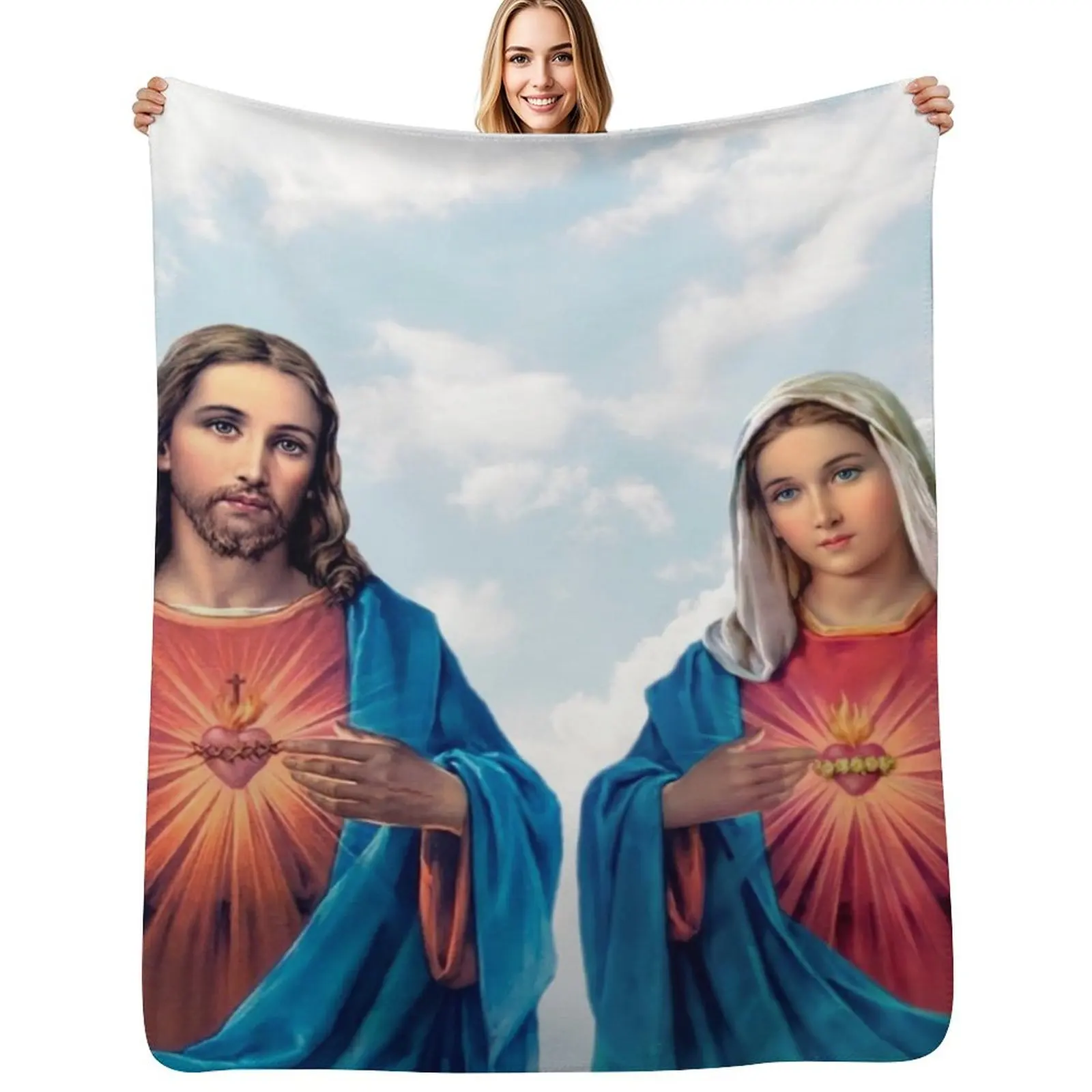 

Sacred and Immaculate Hearts (Jesus and Mary) with sky background Throw Blanket Vintage Cute Plaid Thin Blanket