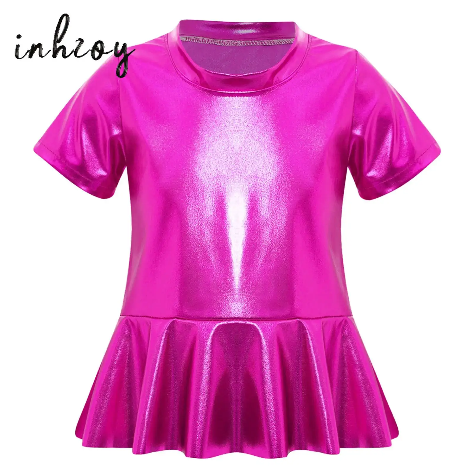 

Summer Girls T-shirt Kids Shiny Metallic Round Neck Short Sleeves Peplum Tees Top Cheerleading Jazz Dance Performance Costume