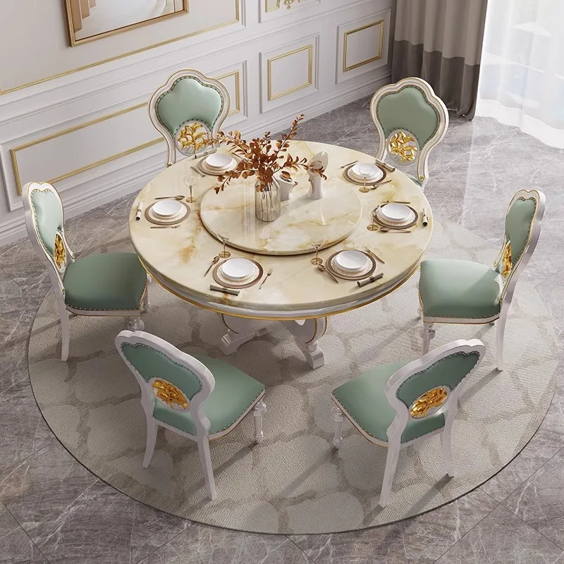 American light luxury solid wood dining table and chairs, high-end round table and 6 chairs in small and medium-sized restaurant