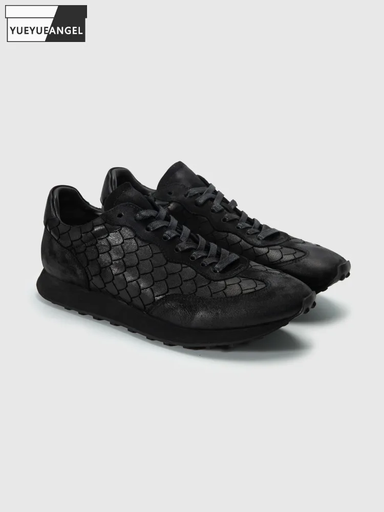 Men Casual Crocodile Grain Lace Up Breathable Versatile Skateboard Shoes Joggers Sneakers Comfortable Men Cowhide Trainers Shoes