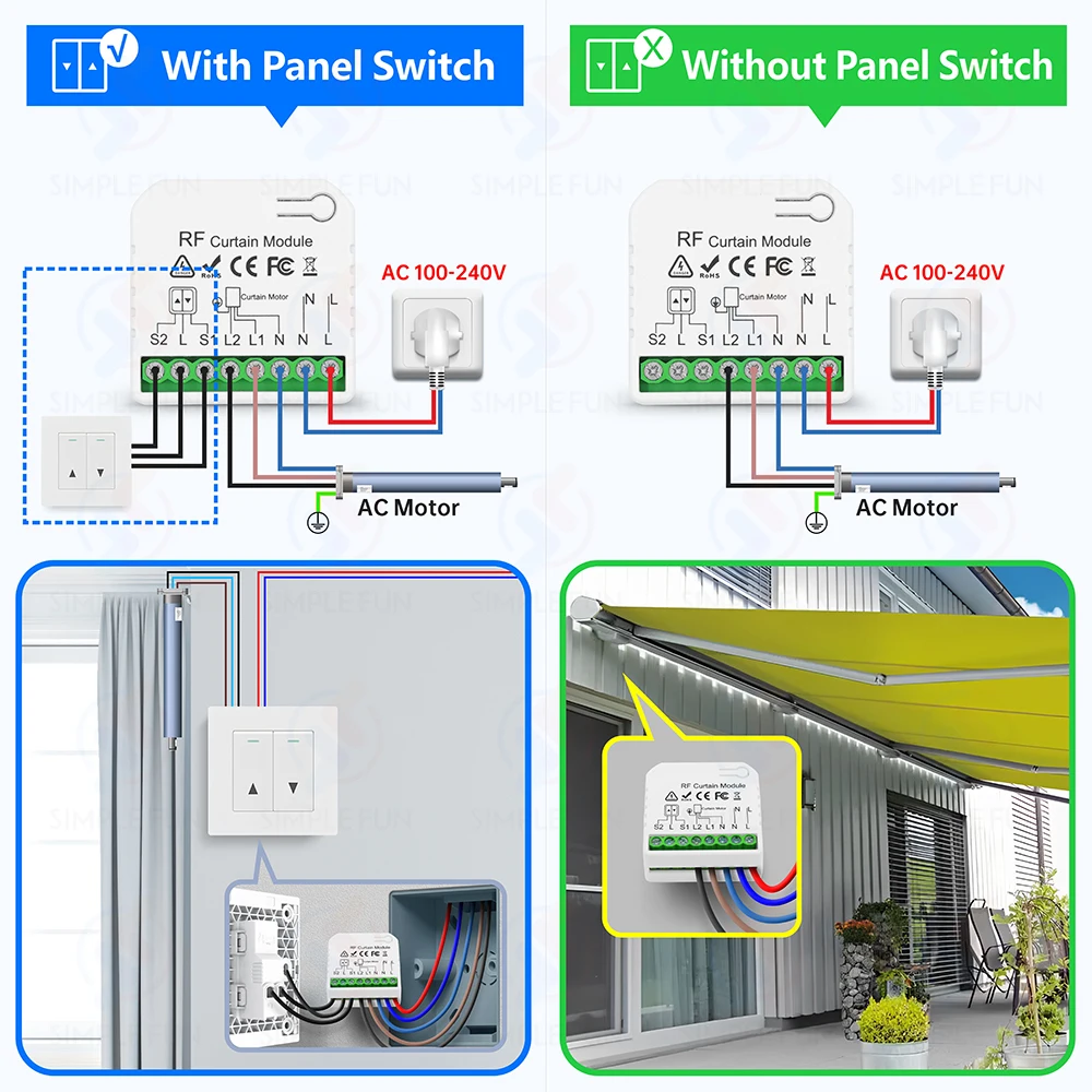 433Mhz Roller Shutter Curtain Remote Control Switch and 5-in-1 Transmitter 110V 220V RF Module for Blind/Garage Door/AC Motor