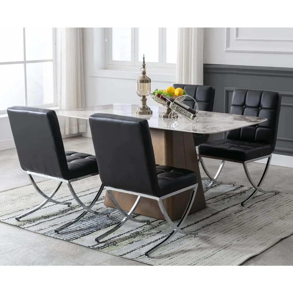 طقم كراسي طعام حديثة مكونة من قطعتين، مقعد منجد من الجلد الأسود مع كراسي معدنية من الكروم وظهر عالي معنقدة، بدون ذراع #6