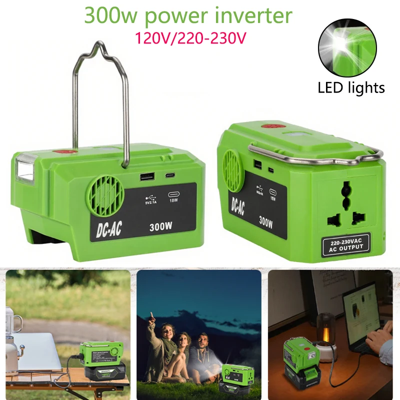 

300W Power Inverter Adapter120V/220-230V for GreenWorks 40V Battery with LED Work Light USB Type-C Output Emergency Power Supply
