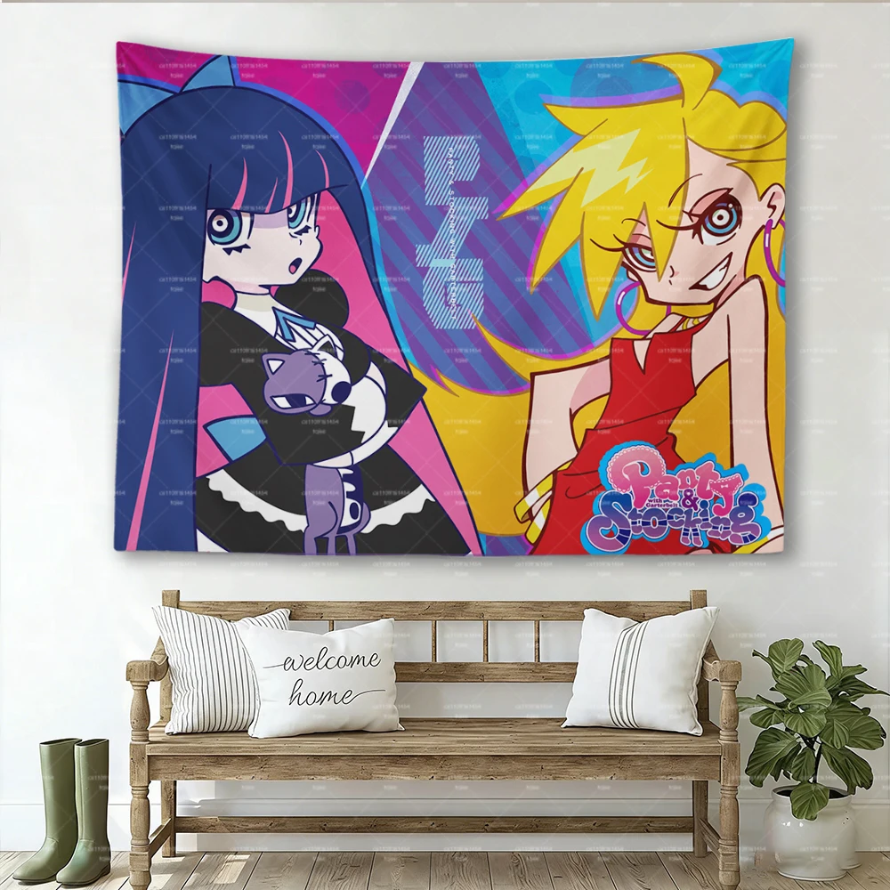 Panty & Stocking with Garterbelt Tapestry, Y2K Color Block Anime Girls Wall Hanging for Otaku Bedroom Gaming Room Dorm Decor