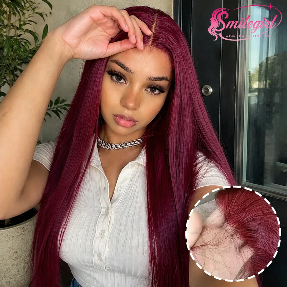 Smilegirl Perruques en cheveux humains Grade 12A Rouge Bourgogne Lisses, Perruque frontale en dentelle HD 13x6 pré-épilée avec baby hair, Dentelle suisse transparente, Raie latérale, Queue de cheval haute et Chignon