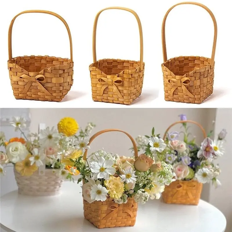 AT63-Woven Flower Basket With Handle And Bows-Home Storage, Picnic Basket, Rustic Wedding Flower Girl Decor S