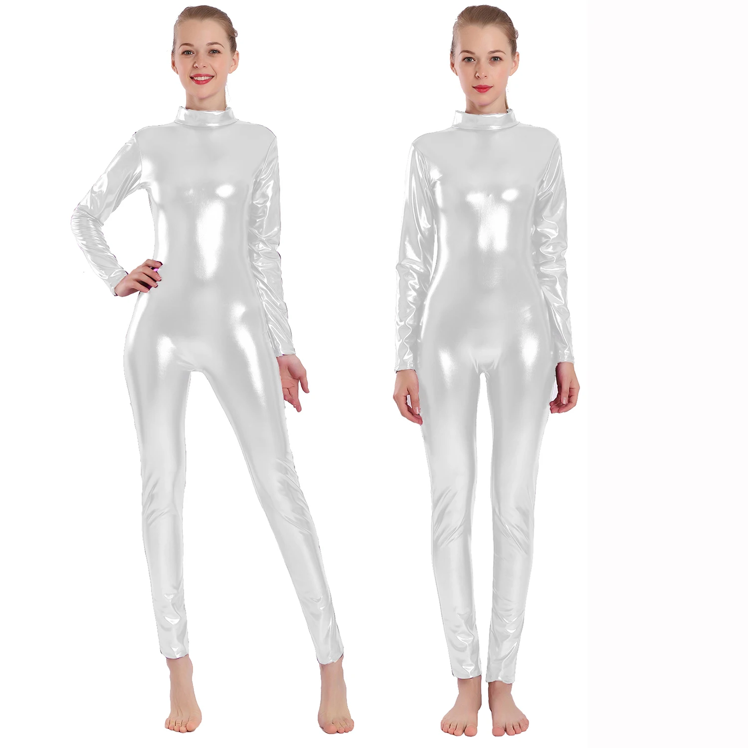 Aoylisey Vrouwen Glanzend Metallic Unitard Schildpad Hals Lange Mouw Voetloze Cosplay Zentai Pak Volwassen Hollween Catsuit Danskleding