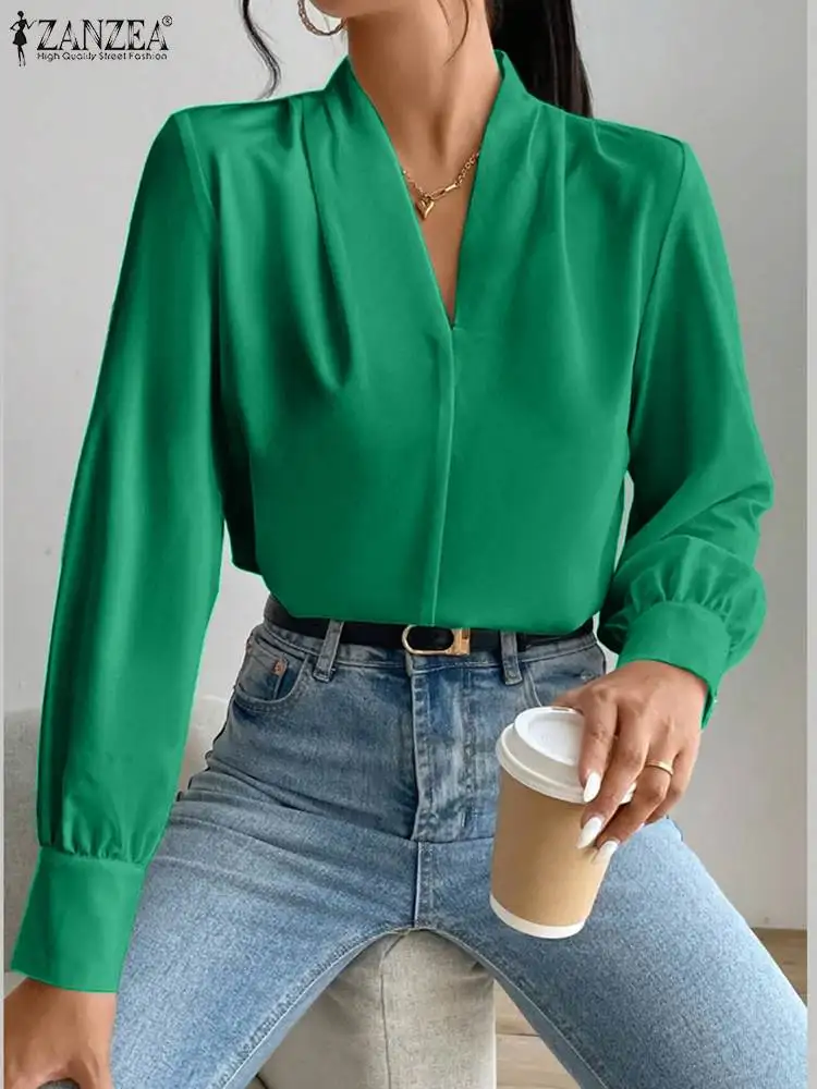 ZANZEA Women Office Elegant Wrap Blouses Fashion Top Tunic 2023 Autumn V-neck Long Sleeve Vintage Shirts Pleats Blusas Oversized