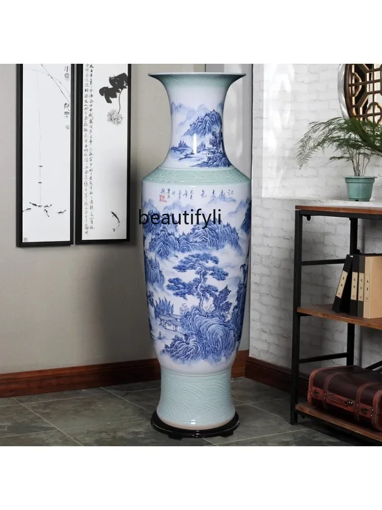 Jingdezhen Ceramics Large Vase Hand Painted Floor Blue and White Porcelain Vase Hand Carved Decorations Living Room Decoration