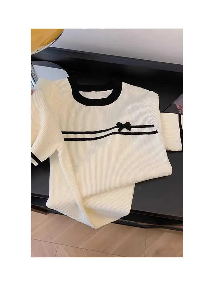 

Summer New Sle Korean Color Blo Knot ort Sve Knitted Top Women's Slim Fit Base Layer Inner Wear T-irt