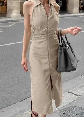 

Solid Color Cotton and Linen Slim Fit Waist Cinching Temperament Dress, Summer Fashion New Women's Backless Hanging Neck Dress