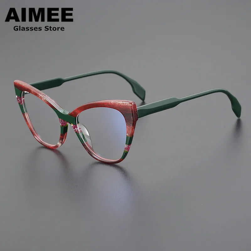 Acetate Glasses Frame Personality Handmade Optical Eyeglasses Women Fashion Cat Eye Myopia Eyewear Men's Blue Light Gafas Lens