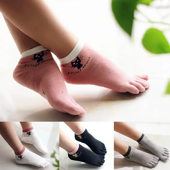 5 Pairs Women Five Finger Cotton Lovely Sweat Pink Candy Cartoon Cat Toe Socks