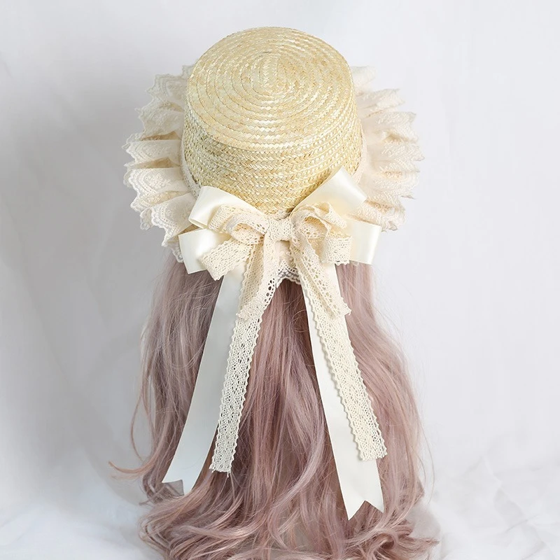 

Original Forest Style Countryside Luo Mother Soft Girl Straw Hat Handmade Japanese Doll Style Lace Bow Straw Weaving Hat