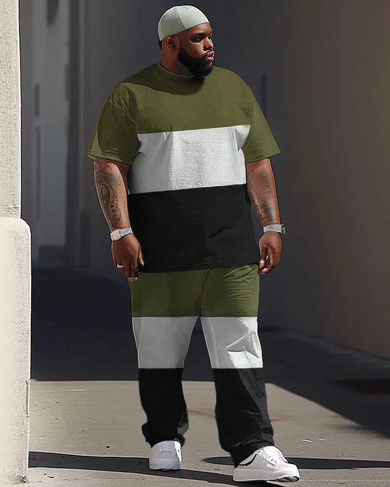 Biggmans L-9XL Plus Size T-Shirt Set Street Vitality Red And Black O-neck Short sleeved Pants Colorblock Print Large Men\'s Suit