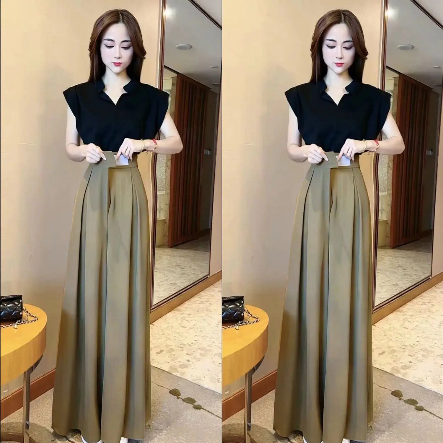 

Two Piece Sets Women Pants Set Stand-up Collar High Waist Tops Solid Flying Sleeves Wide Leg Long Pants Slim Fit Elegant A550