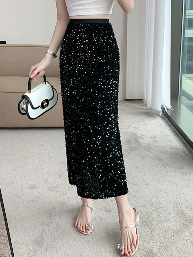 

SMTHMA Fashion Sequin Skirt For Women New Spring Autumn Black Elastic High Waist Mid Length Skirt