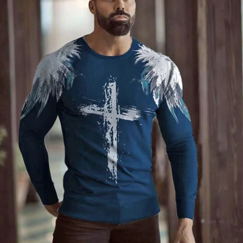 

Men's Christ Jesus Wings Graphic Long Sleeve T-Shirt Autumn Loose Crew Neck Daily Casual Pullover Simple Design Harajuku Clothes