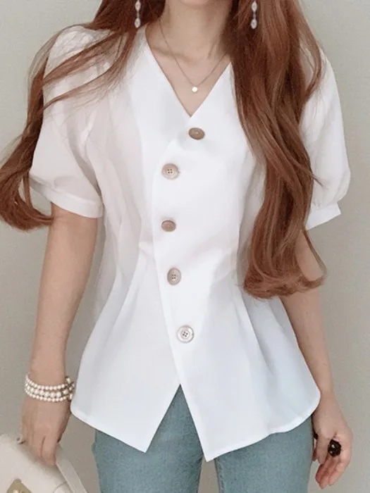 Csa de Manga Abullonada con Botón Único, Diseño Irregular y Cuello en V, Ajustada, para Mujer, Estilo Único y Moderno para...