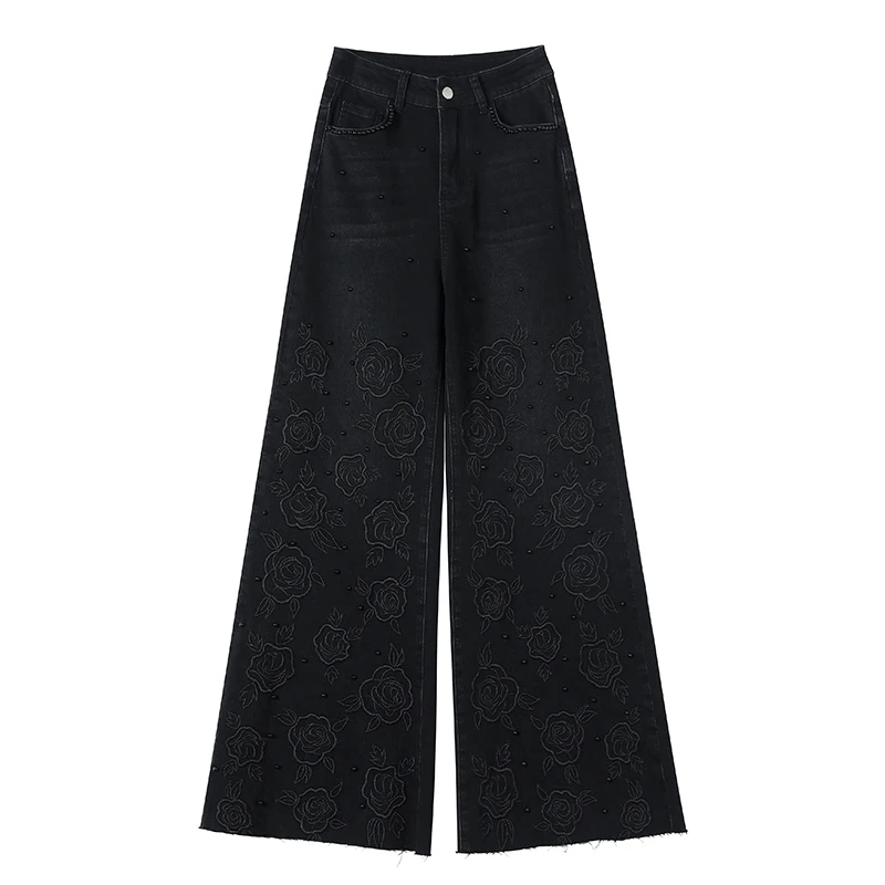 Early Spring New Embroidered Slim Wide Leg Flared Denim Jeans Women's Black Embroidered Flowers Ladies Jeans Flared Pants