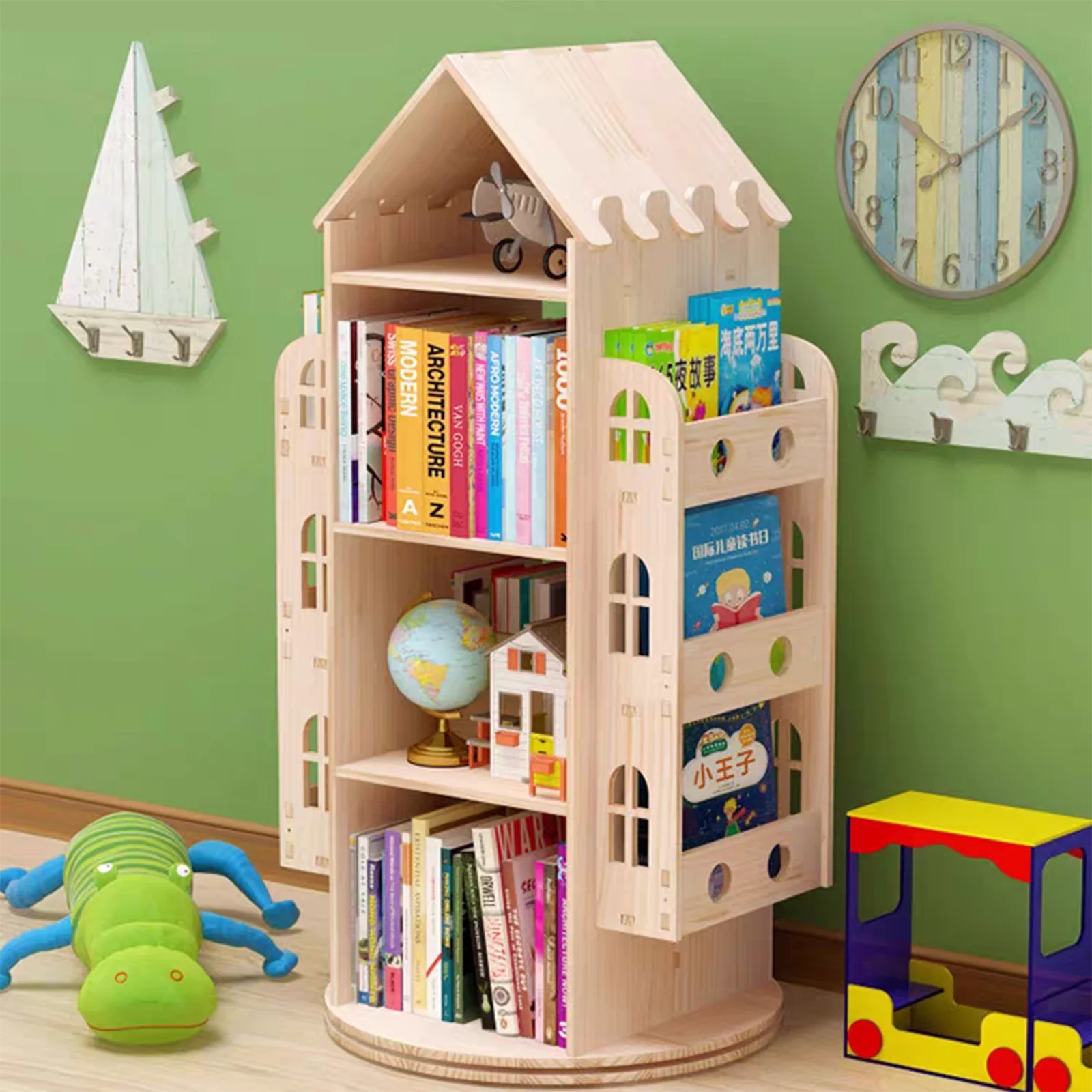 Rotating Bookshelf 360 Degree Wood Castle Bookcase Floor Standing Storage Book Shelf Display Children's Bookcase