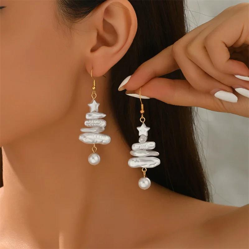 Kreative Weihnachten Baum Baumeln Ohrringe Für Frauen Barock Unregelmäßige Imitation Perle Gestapelt Weihnachten Baum Stern Ohrring Partei Schmuck