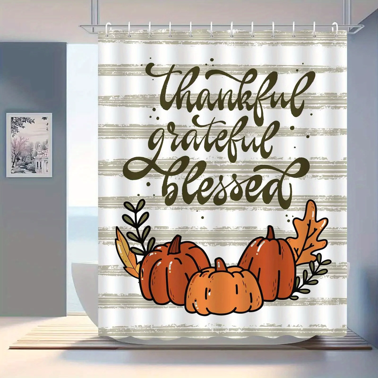 JIT1pcs Minimalist Autumn Pumpkin Letter Line Shower Curtain, High-end Elegant and Anti Fog Bathroom Curtain, Multifunctional Cu