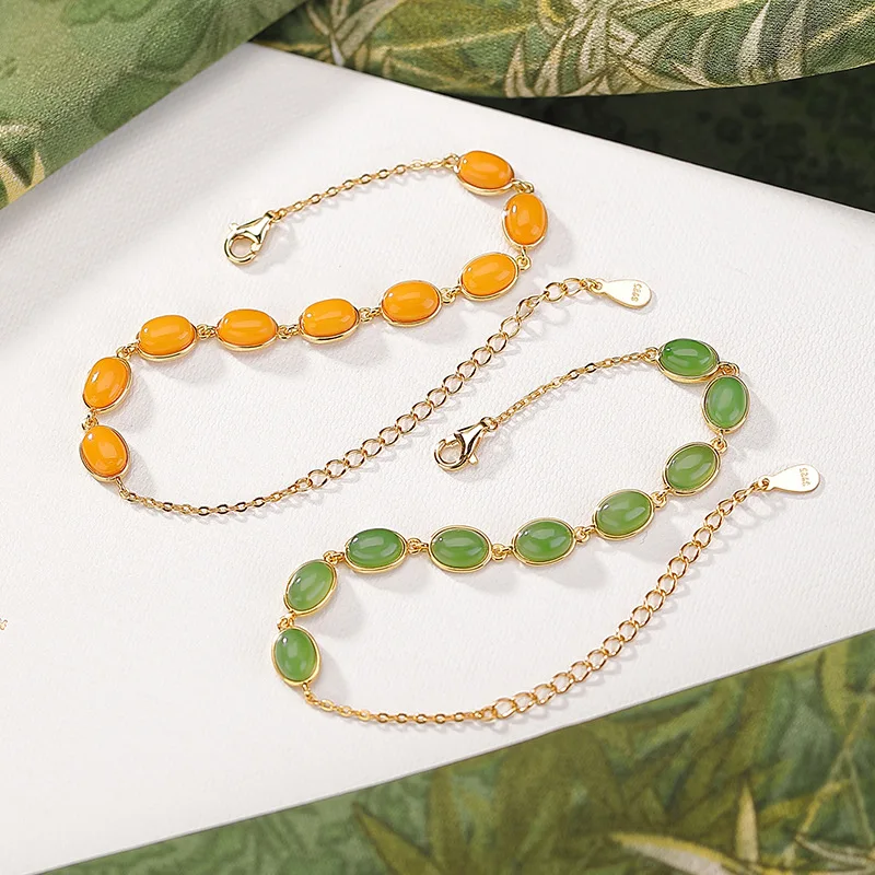 

S925 Sterling Gold Plated Natural Hetian Jade Jasper Amber Cabochon Silver Bracelet