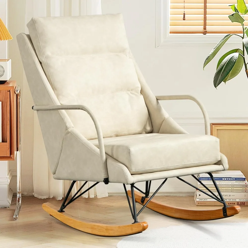 

Leather Rocking Chair, Modern Baby Room High Back Rocking Chair for Living Room, Bedroom, Mid Century Beige Decorative Chair