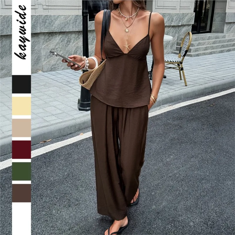 

Pant Two Piece Set Women Outfit 2026 Spring Summer Sexy Deep V-Neck Backless Cami Top & High Waist Casual Wide Leg Pants Set