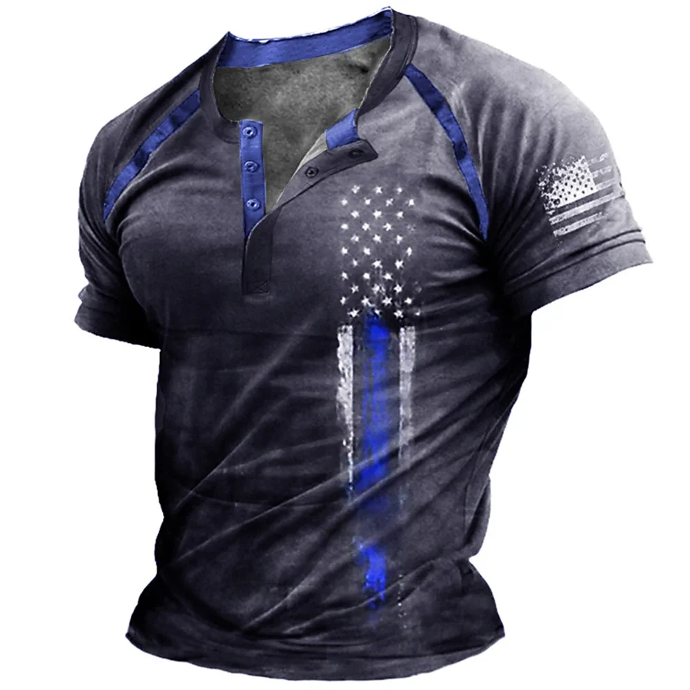 Funny 3D American Flag Print Men's Henry Shirt Fashion Henry Collar Short Sleeve Tops Summer Street Vintage Clothes Casual Tees view 3