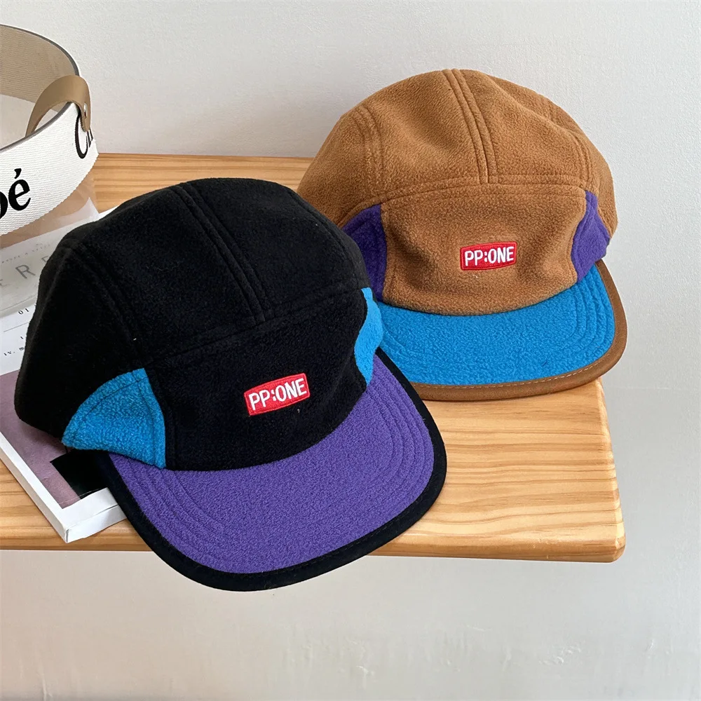 Hat Rocker Velvet Duck Tongue Cap Colour Blocking Embroidery Letters Flat Brim Baseball Cap Men Women Autumn Winter Warm Caps