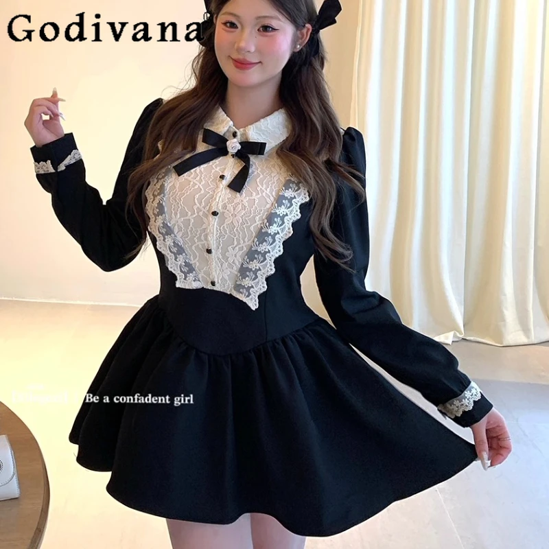 

Черное платье большого размера с кружевным воротником Питера Пэна и длинными рукавами, милые японские платья трапециевидной формы с высокой талией для девочек